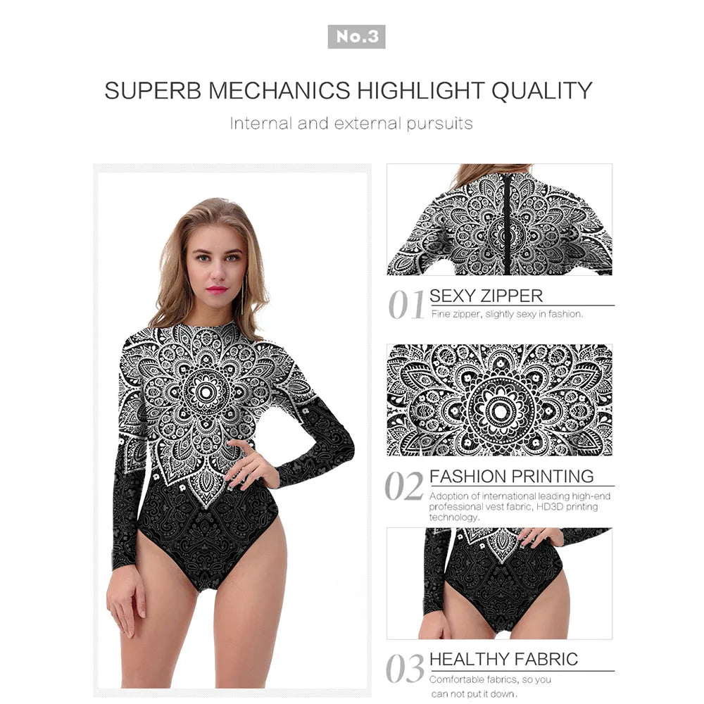 Mandala Printed Long Sleeve Swimwear One-piece Surfing Swimsuit