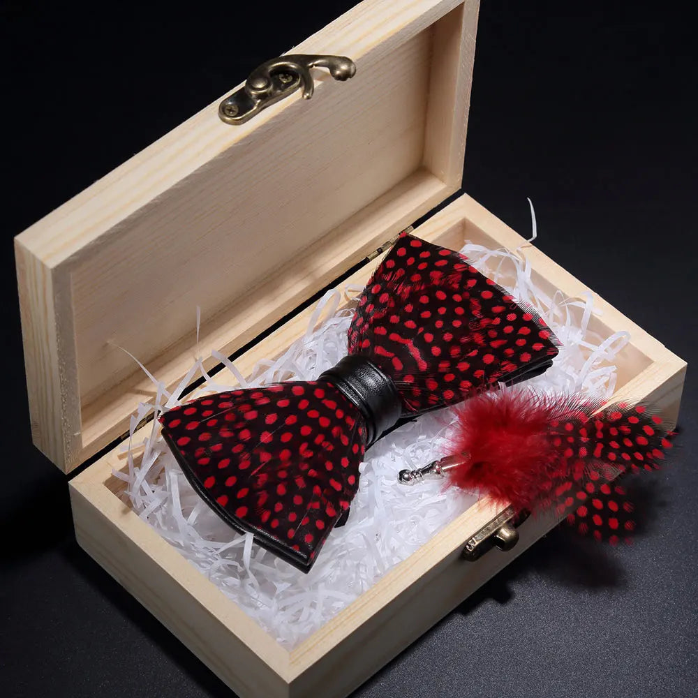 Handmade Woodland Feather Bow Ties & Lapel Pin Gift Box Set