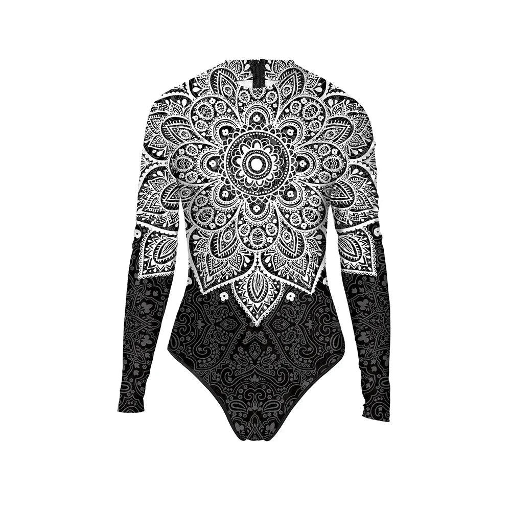 Mandala Printed Long Sleeve Swimwear One-piece Surfing Swimsuit