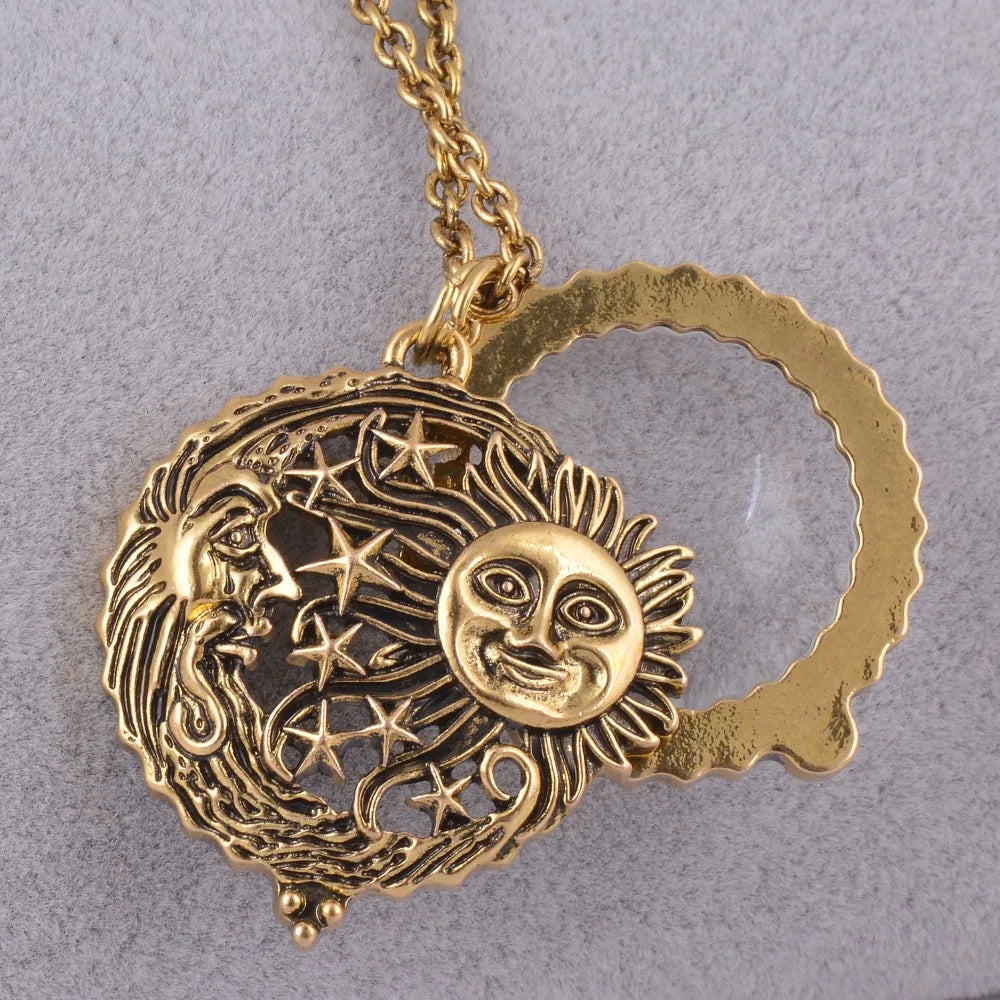 Magnifying Glass Pendant Sun with Moon and Stars Necklace