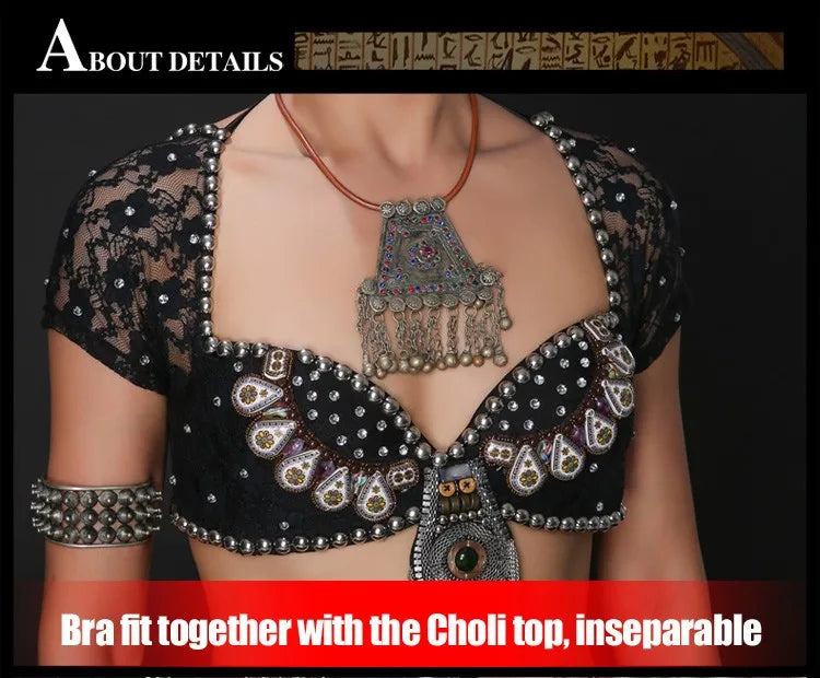 Tribal Fusion Belly Dance Clothes 3pcs Outfit Tops Belt and Pants Women Dance Costume