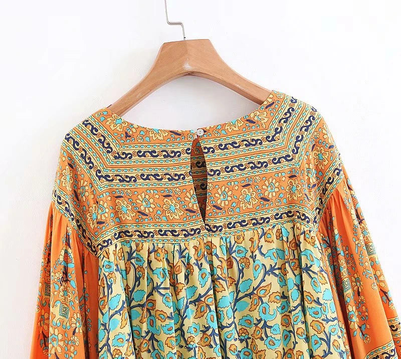 Sayra's Boho Sunshine Yellow Floral Print Long Sleeve Blouse Shirt