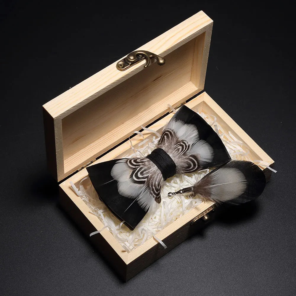 Handmade Woodland Feather Bow Ties & Lapel Pin Gift Box Set