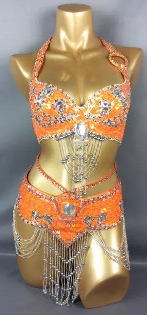 Beaded Sequins Belly Dancing Belt+Bra Samba Costumes