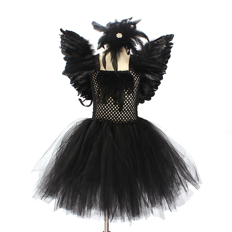 Black Swan Tulle Tutu Dress with Feather Wings and Hair Clip Halloween Costume