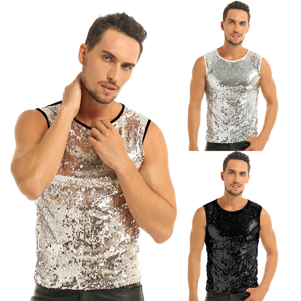 Mens Sequinned Tank Tops Festival Rave Party Clubwear