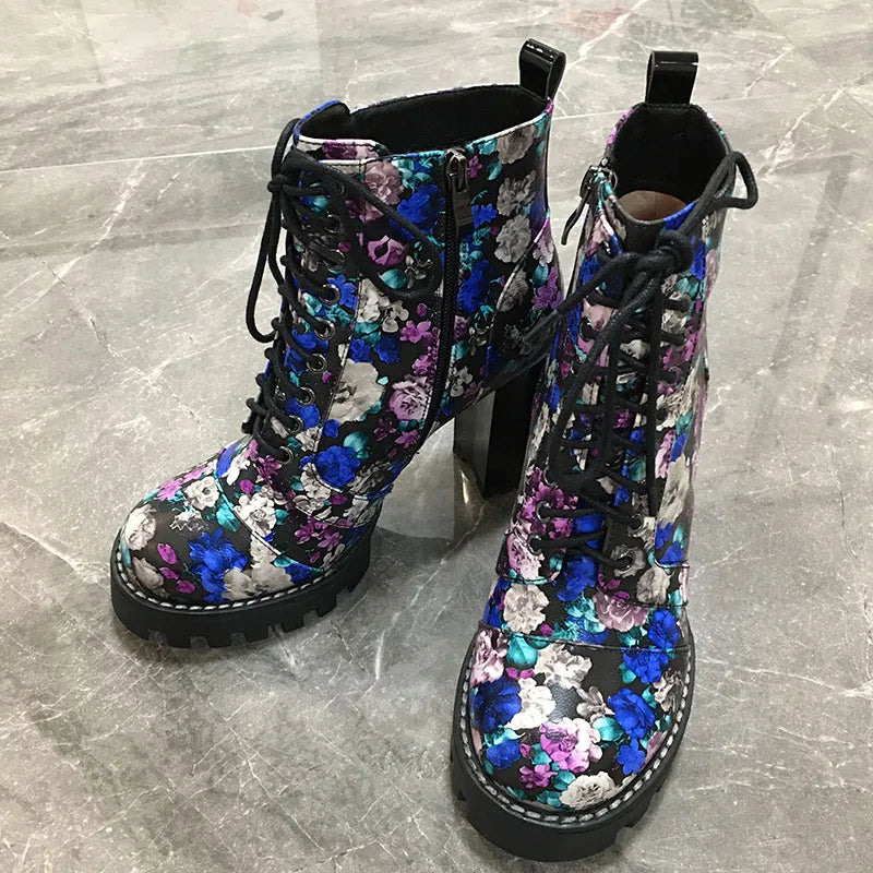 Purple Flower Print Platform Thick Heel Ankle Boots