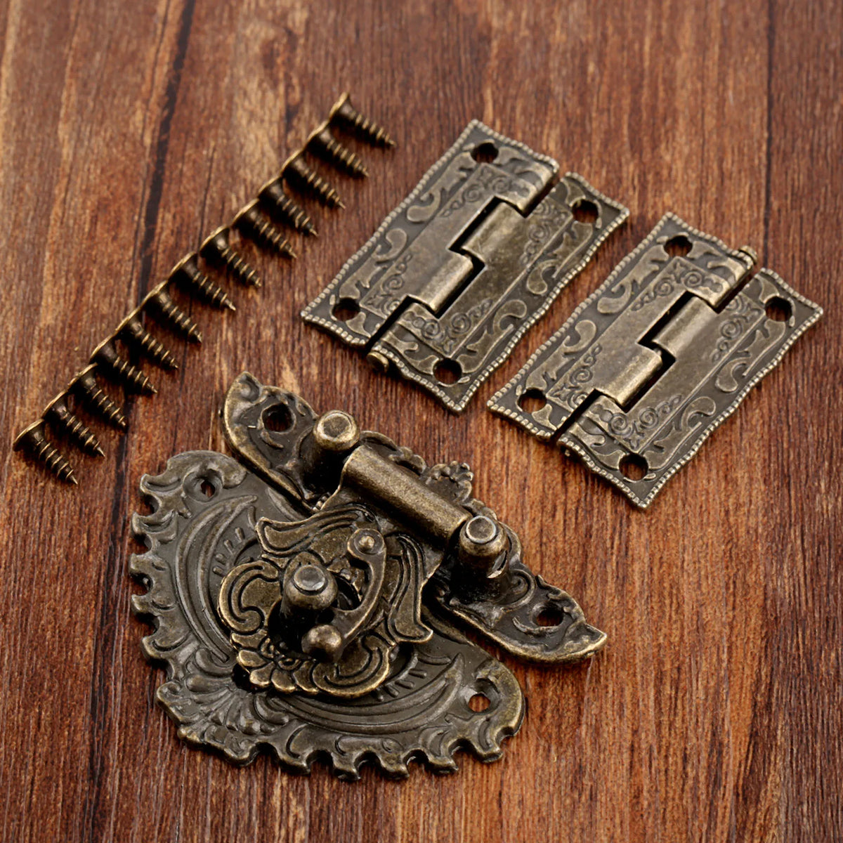 3pcs/set Antique Bronze Padlock Wood Box Latch Hasp Hinge Furniture Hardware
