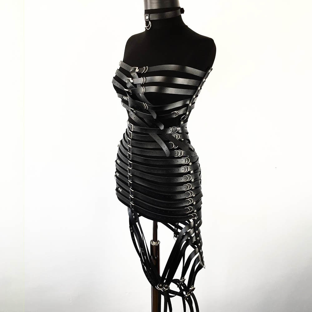 Gothic Faux Leather Long Black Strapped Corset Skirt