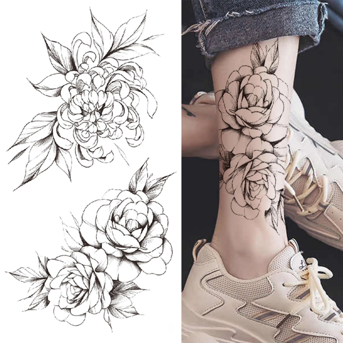 Large Peony Temporary Tattoos