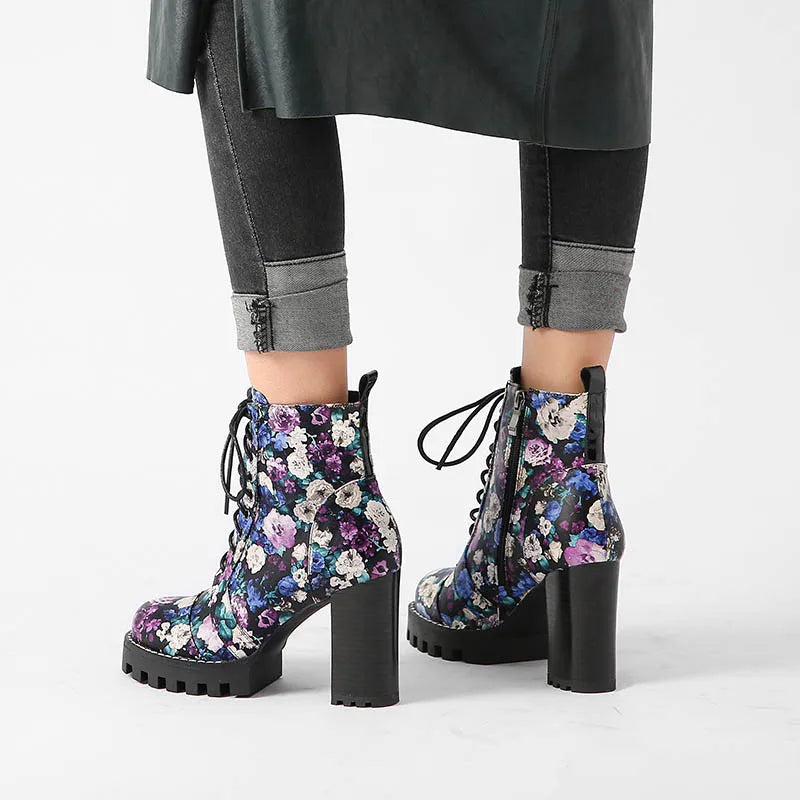 Purple Flower Print Platform Thick Heel Ankle Boots
