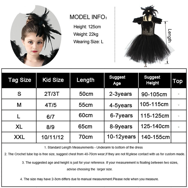 Black Swan Tulle Tutu Dress with Feather Wings and Hair Clip Halloween Costume