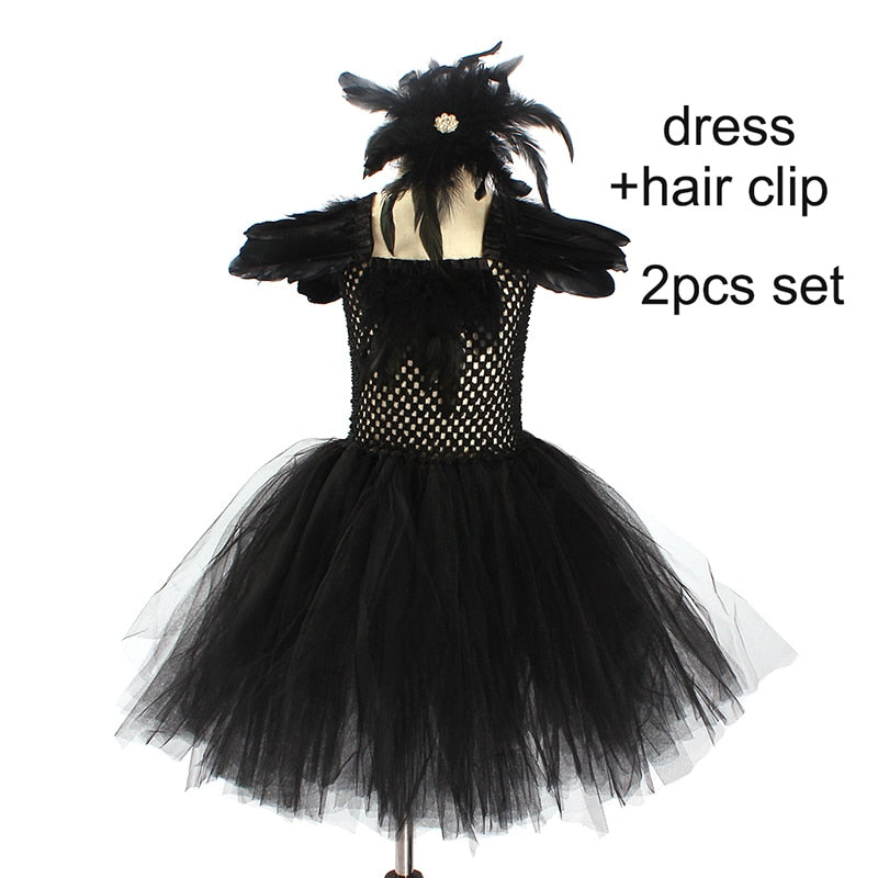 Black Swan Tulle Tutu Dress with Feather Wings and Hair Clip Halloween Costume