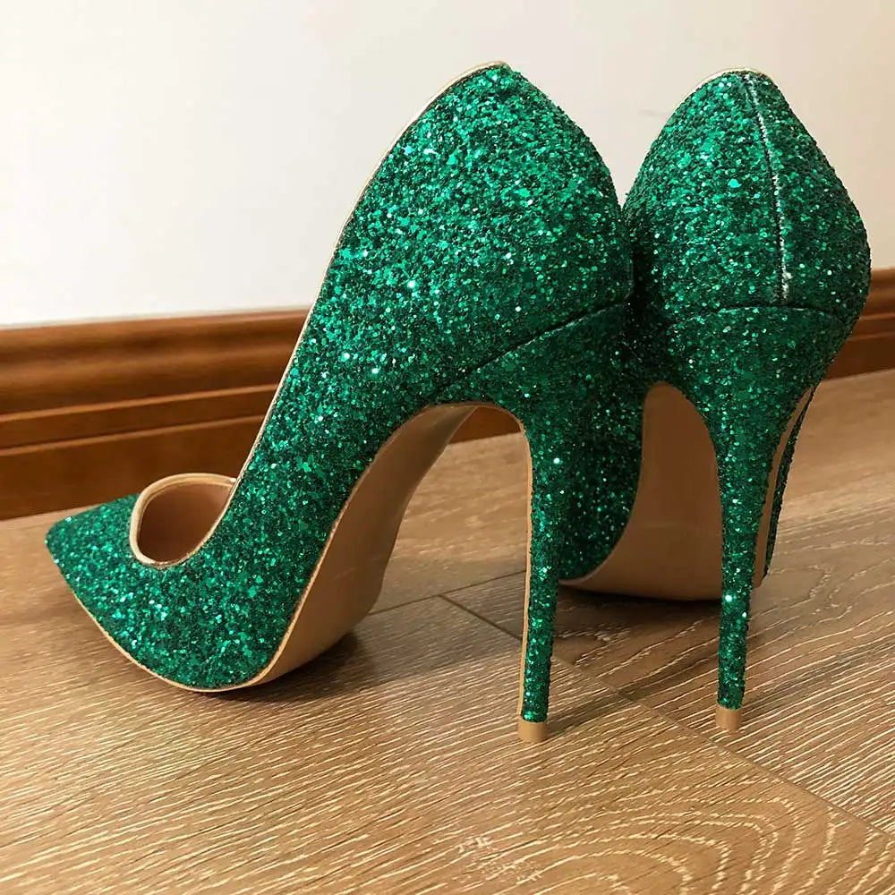 Esmerelda Glittery Green Shoes Green Stiletto High Heel Pointy Toe Shoes