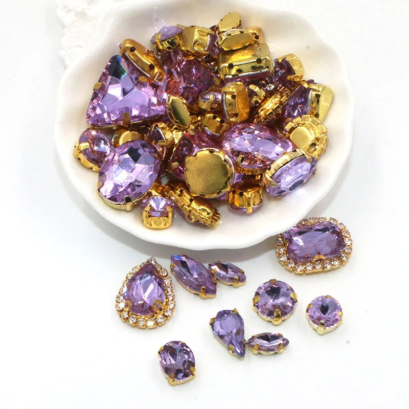50pcs/Bag Shiny Mixed Shape Sew On Glass Rhinestone Gold Claw Crystal Buckle DIY Decoration 24 Colours