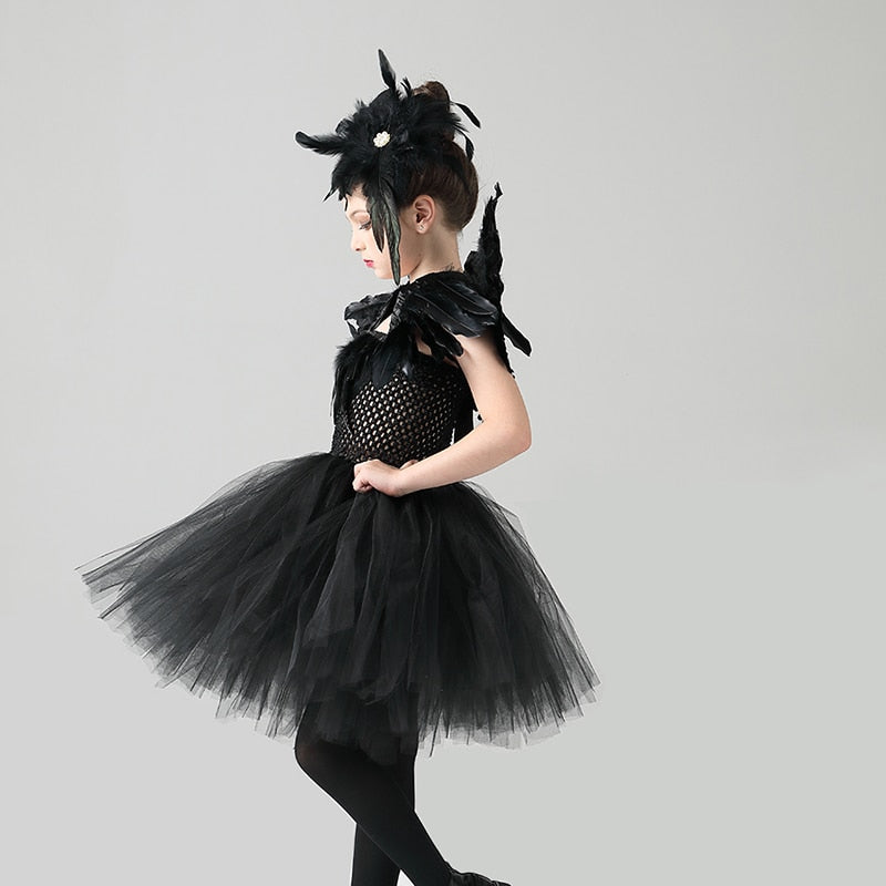 Black Swan Tulle Tutu Dress with Feather Wings and Hair Clip Halloween Costume