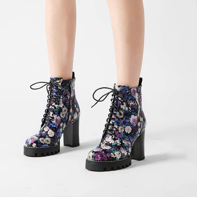Purple Flower Print Platform Thick Heel Ankle Boots