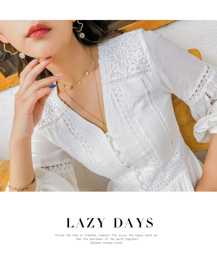 Dove's White Boho Lantern Sleeve Cotton Lace Dress