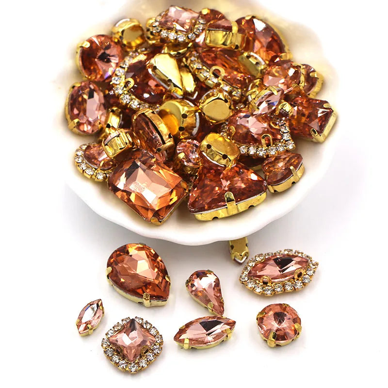 50pcs/Bag Shiny Mixed Shape Sew On Glass Rhinestone Gold Claw Crystal Buckle DIY Decoration 24 Colours