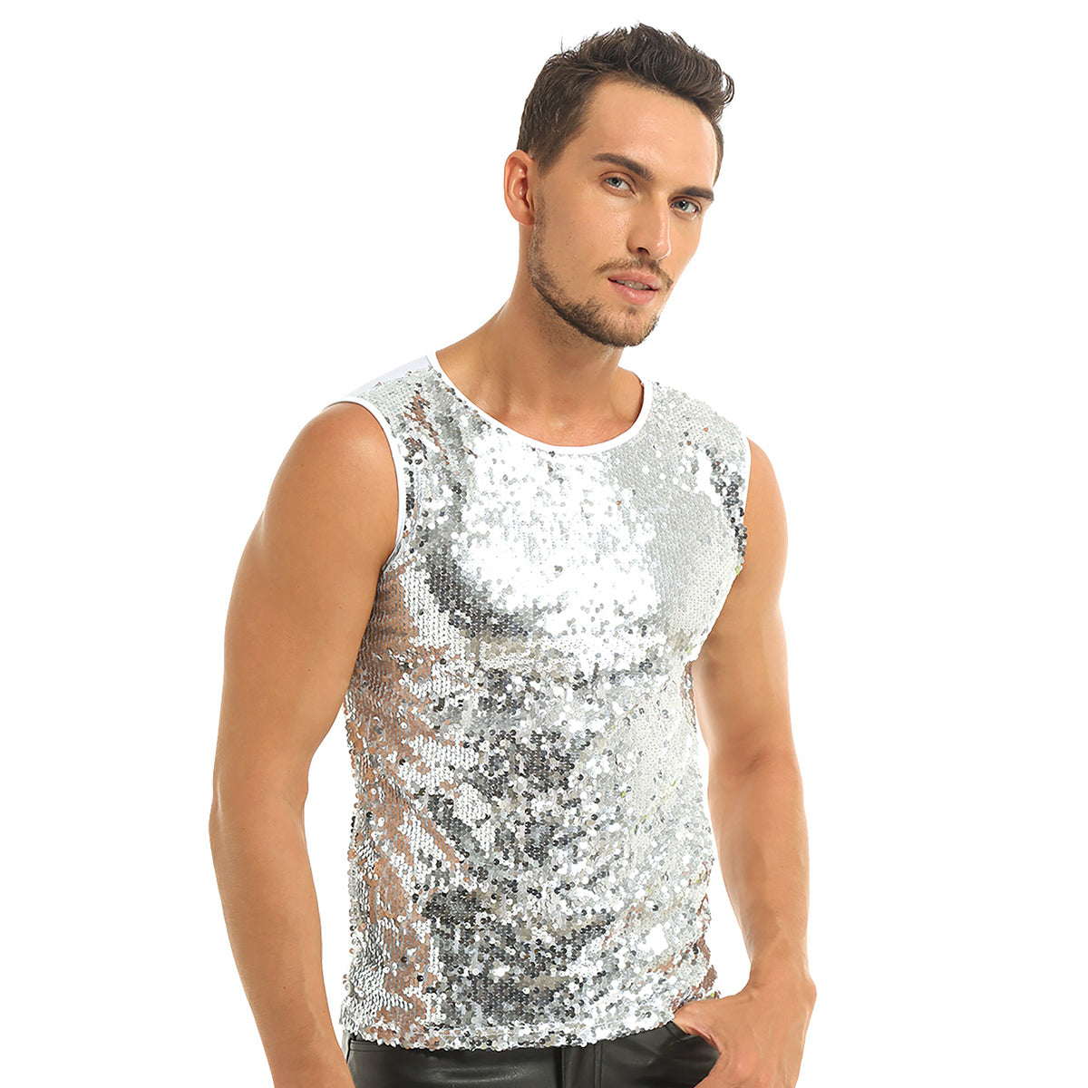 Mens Sequinned Tank Tops Festival Rave Party Clubwear