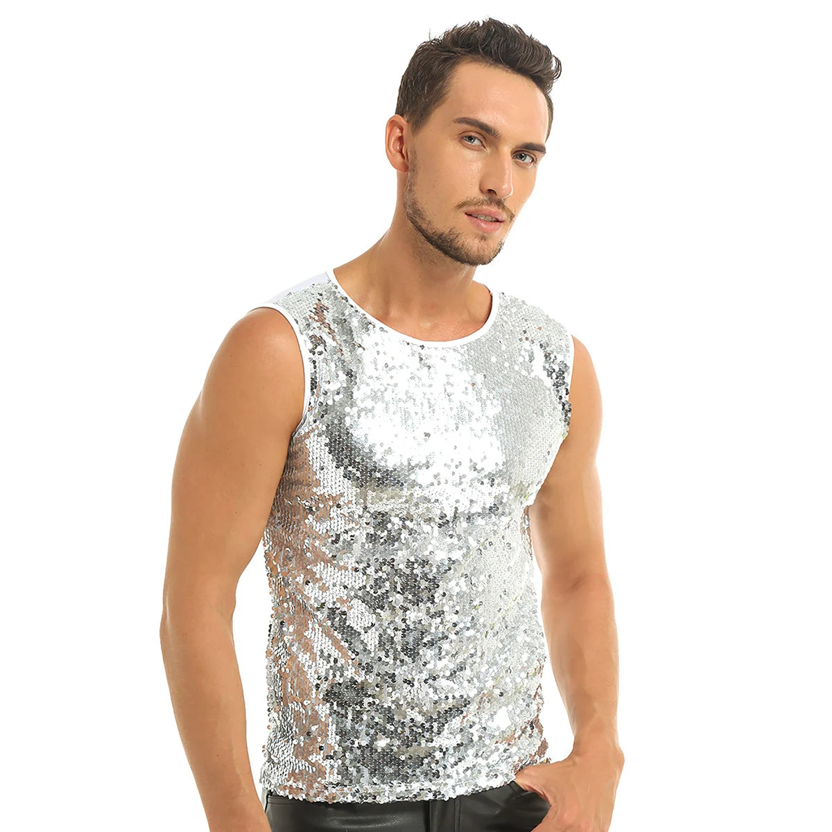 Mens Sequinned Tank Tops Festival Rave Party Clubwear
