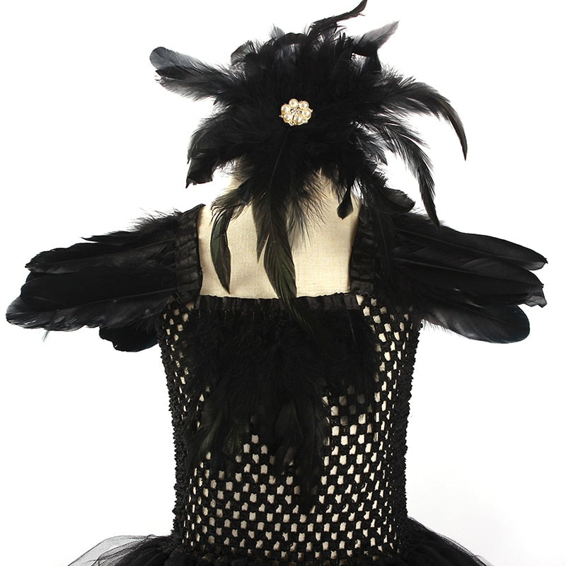 Black Swan Tulle Tutu Dress with Feather Wings and Hair Clip Halloween Costume