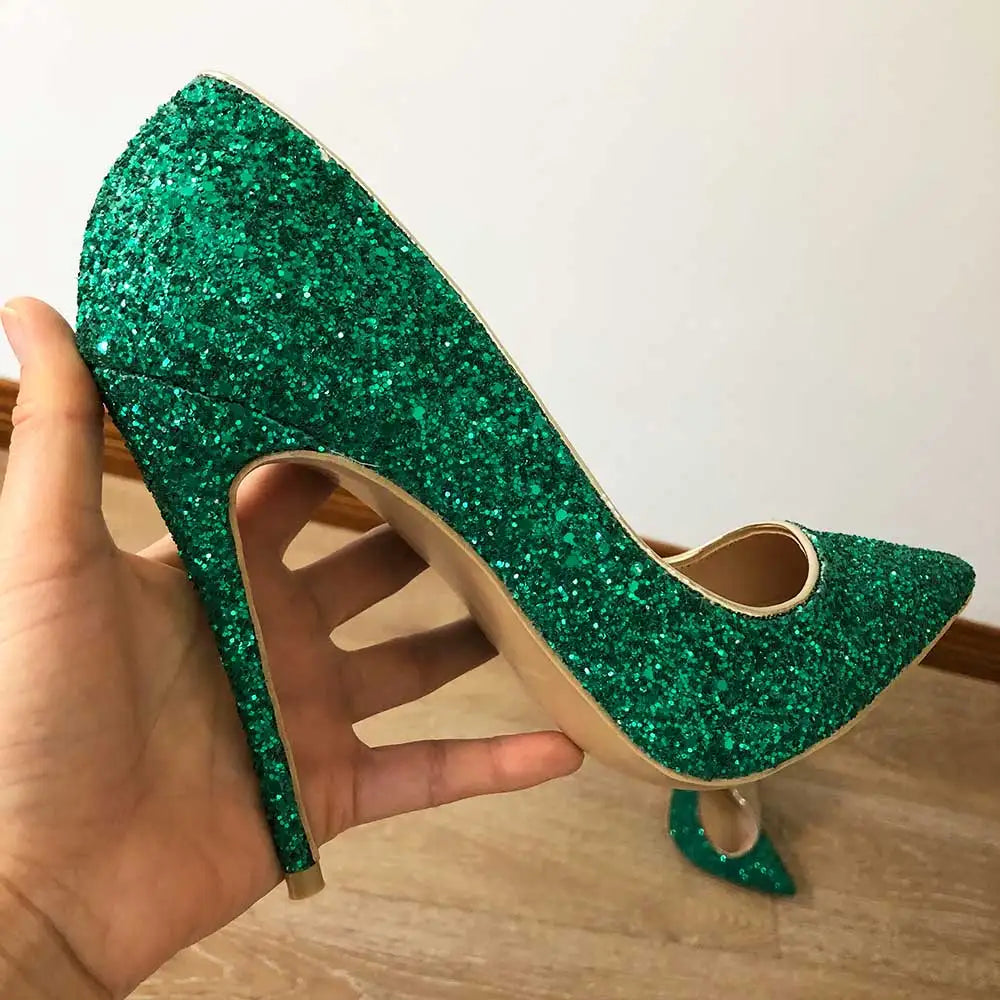 Esmerelda Glittery Green Shoes Green Stiletto High Heel Pointy Toe Shoes