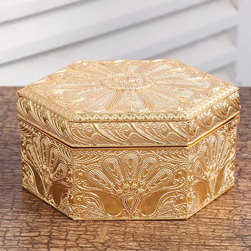 Golden Peacock Hexagonal Metal Jewellery Box