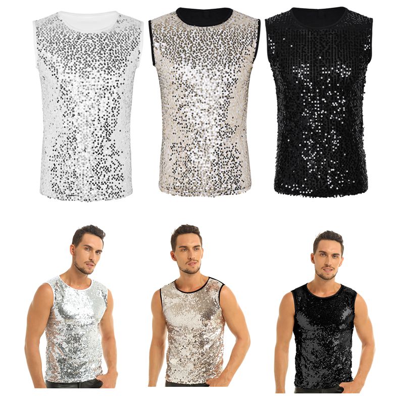 Mens Sequinned Tank Tops Festival Rave Party Clubwear