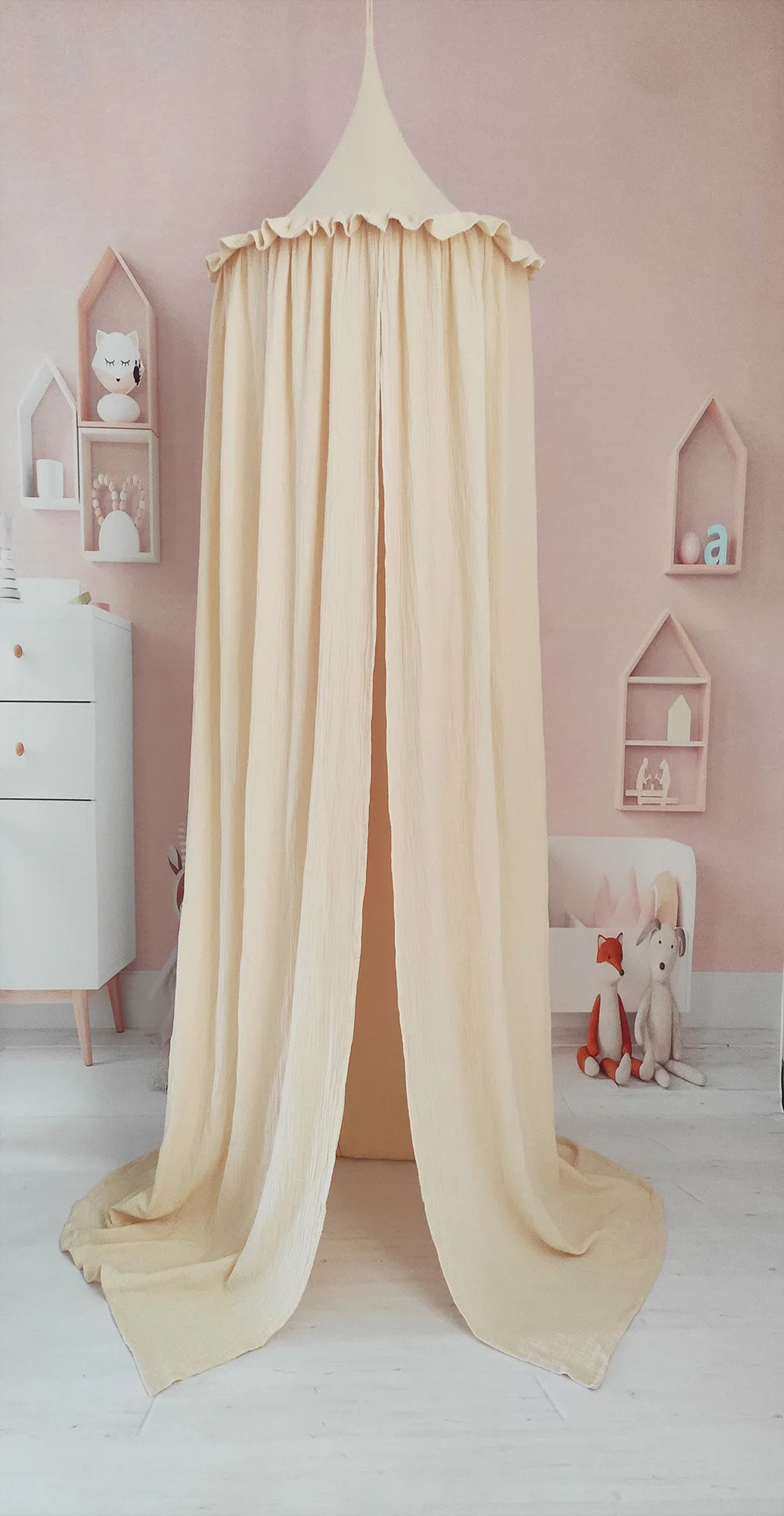 Muslin Cotton Hanging Canopy with Frills Bed Baldachin for Kids Room