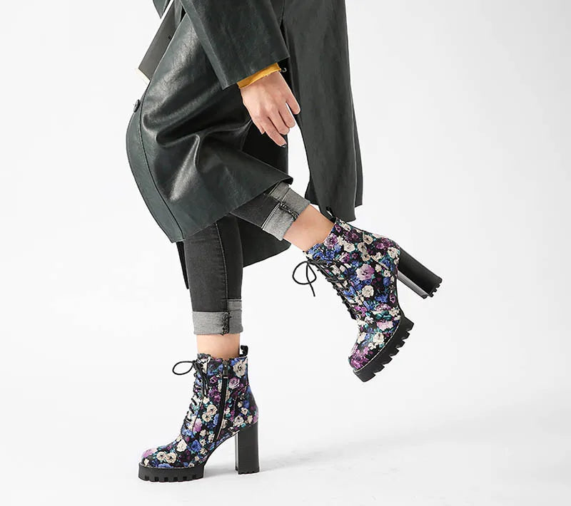 Purple Flower Print Platform Thick Heel Ankle Boots