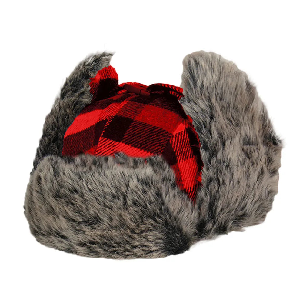 Woodland Woodsmen Red Plaid Winter Hats Faux Fur Bomber Warm Earflaps
