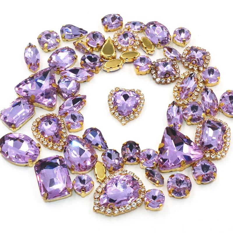 50pcs/Bag Shiny Mixed Shape Sew On Glass Rhinestone Gold Claw Crystal Buckle DIY Decoration 24 Colours