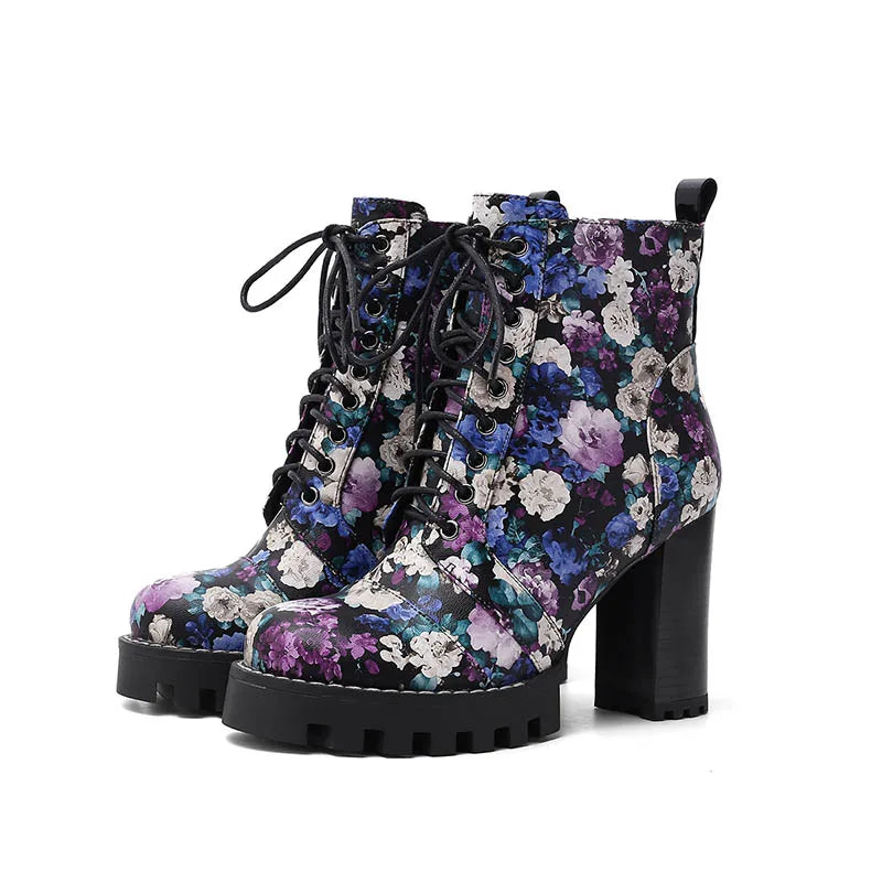 Purple Flower Print Platform Thick Heel Ankle Boots