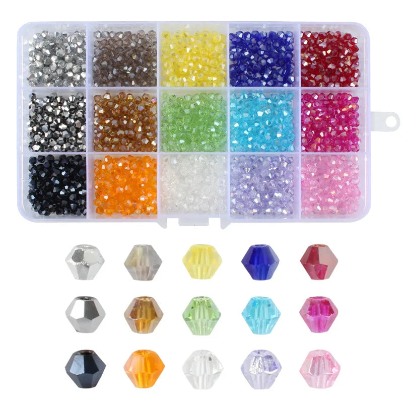 3 4 6mm Bicone Crystal Beads Box Multi-faceted Set 15 Grid Loose Spacer Kit for Jewellery Making DIY