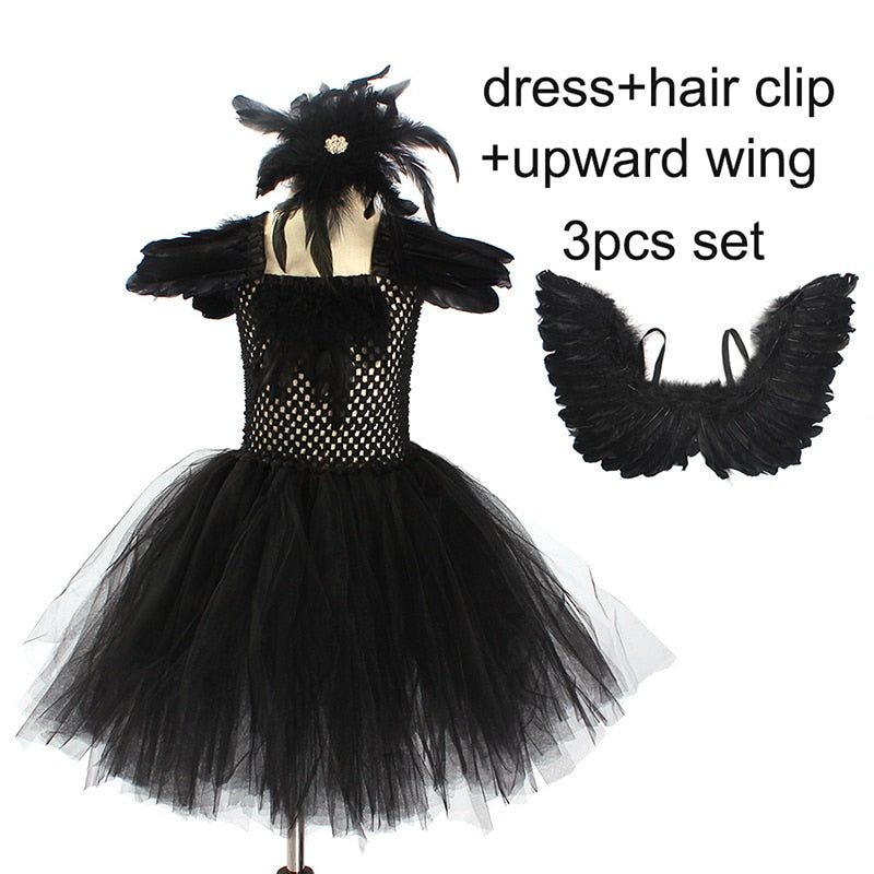 Black Swan Tulle Tutu Dress with Feather Wings and Hair Clip Halloween Costume
