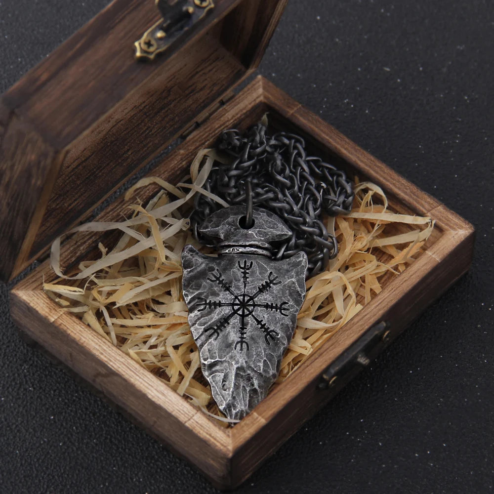 Valknut Viking Spear Stainless Steel Pendant Necklace with Wooden Box