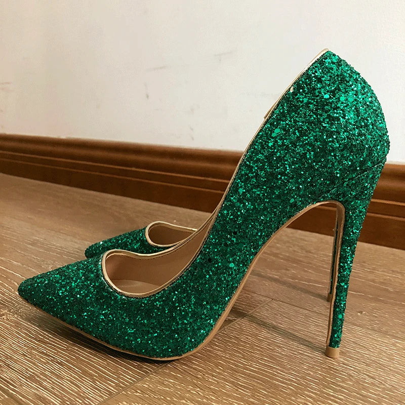 Esmerelda Glittery Green Shoes Green Stiletto High Heel Pointy Toe Shoes