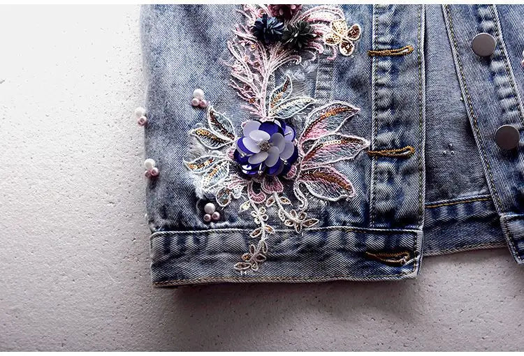 Beaded Denim Vest Sleeveless Jacket