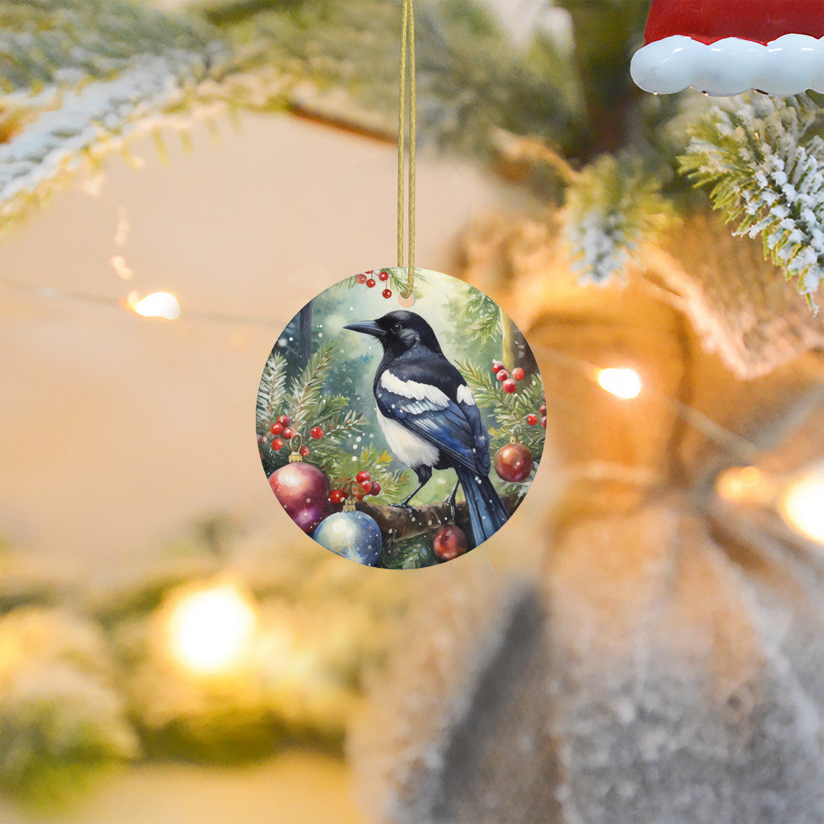 Magpie Ceramic Christmas Round Ornament