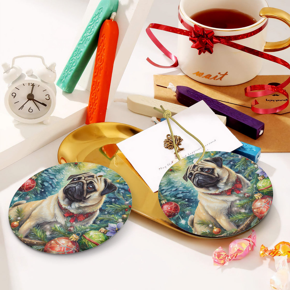 Lil' Pug Dog Ceramic Christmas Round Ornament