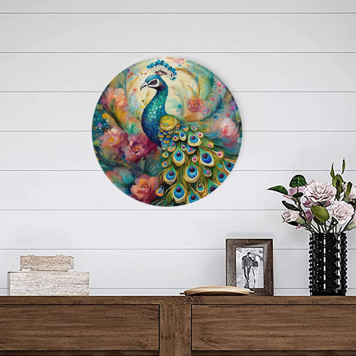 Garden Peacock Round Steel Metal Art Decor