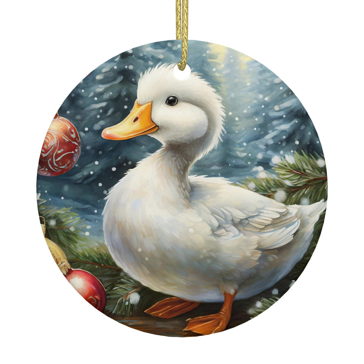 White Duckling Ceramic Christmas Round Ornament