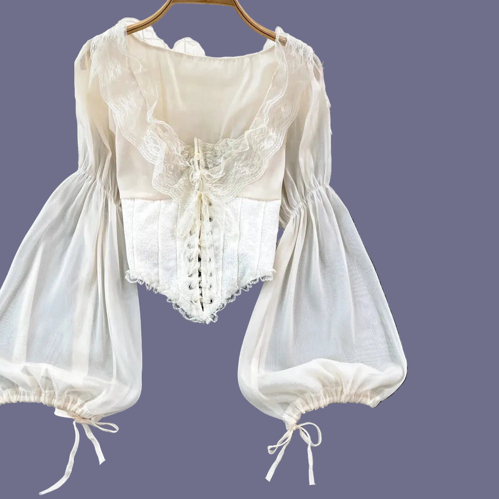 French Court Blouse Chiffon Lace Lace-up Top
