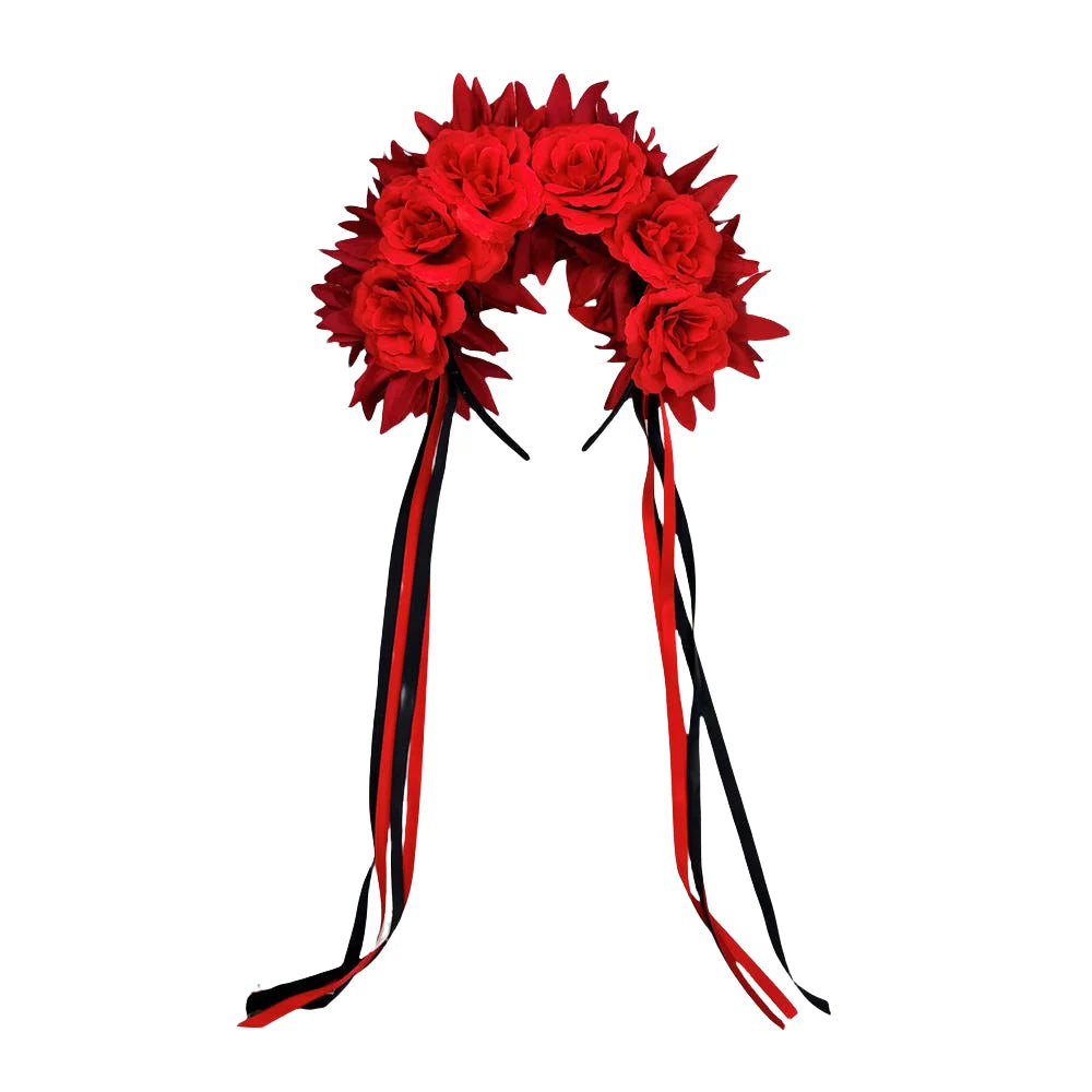 Day Of The Dead Headpiece Ribbons Feathers Floral Crown Headband