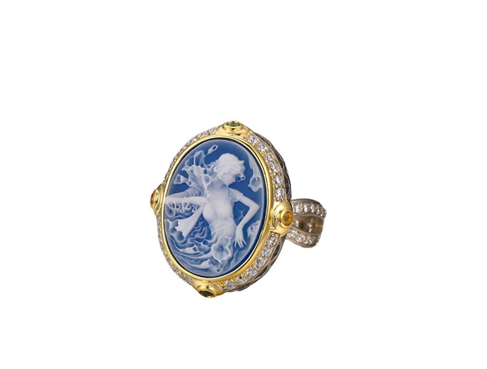 La Belladonna Wraith S925 Sterling Silver Rings Blue Agate White Shell Full Zircon Portrait Jewellery