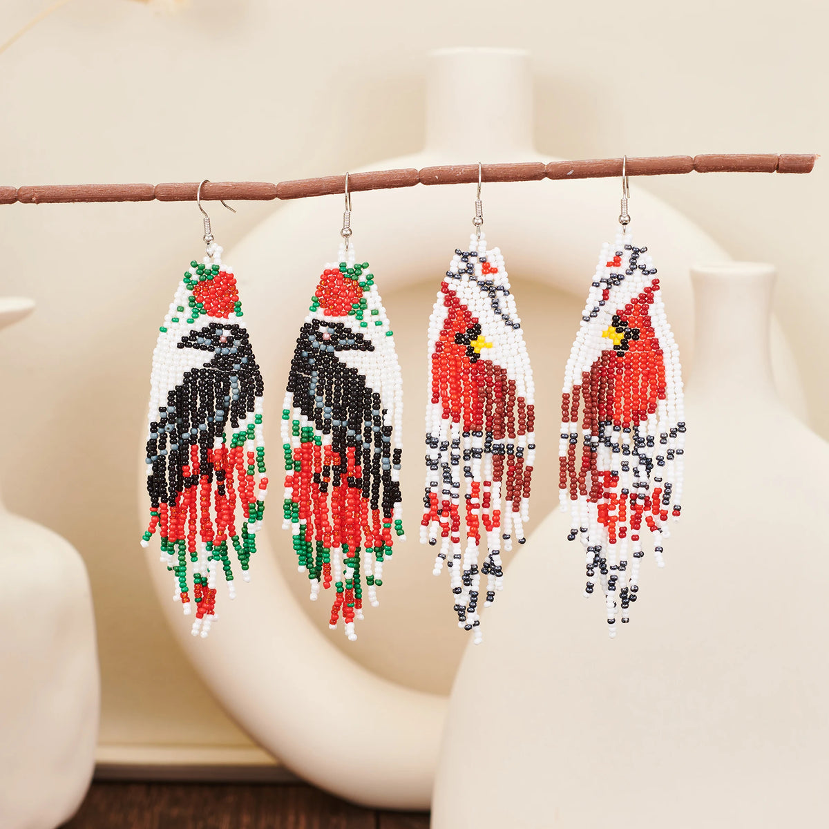 Crow and Rose Tassel Bead Earrings