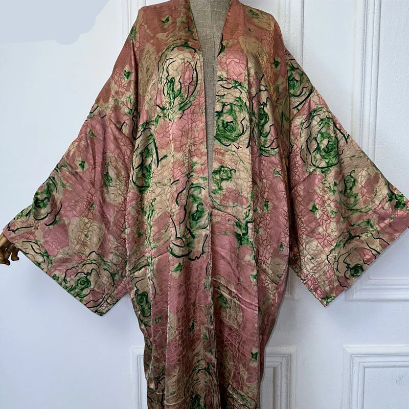 Paris Double-sided Print Silk Feel Long Sleeve Boho Kimono Duster