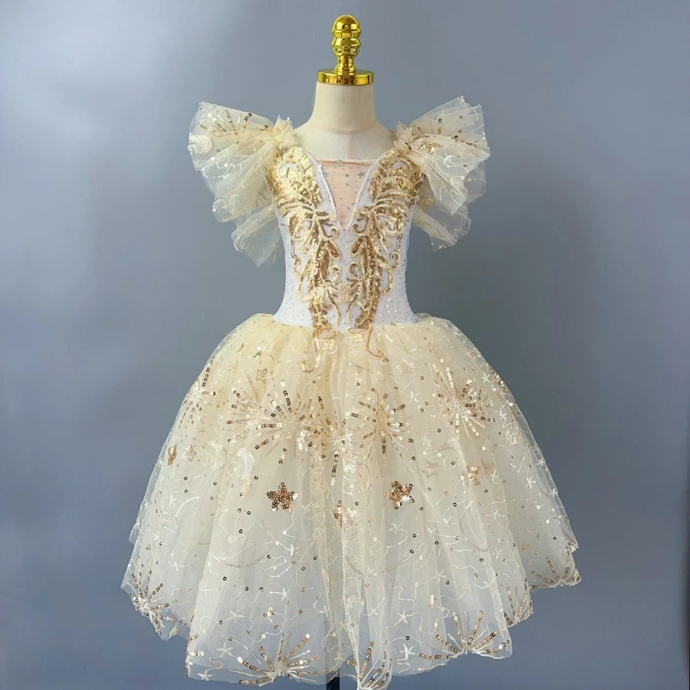 Fairy Tale Princess Gold Sequin Ballet Long and Short Tutu Dresses Dance Performance Wear