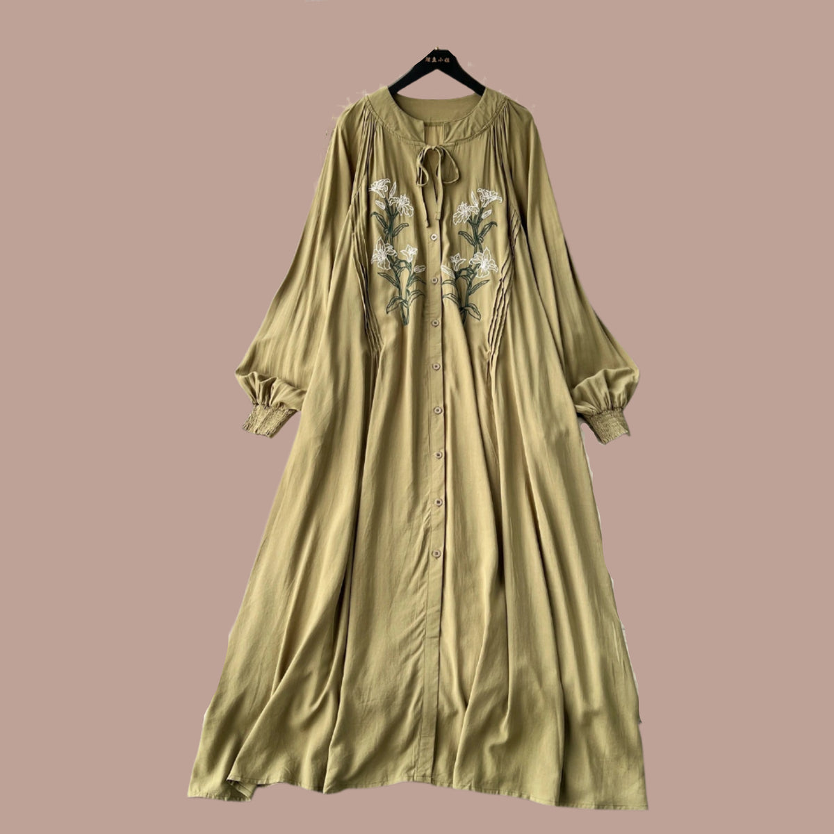 Olive's Embroidered Long Sleeve Shirt Dress